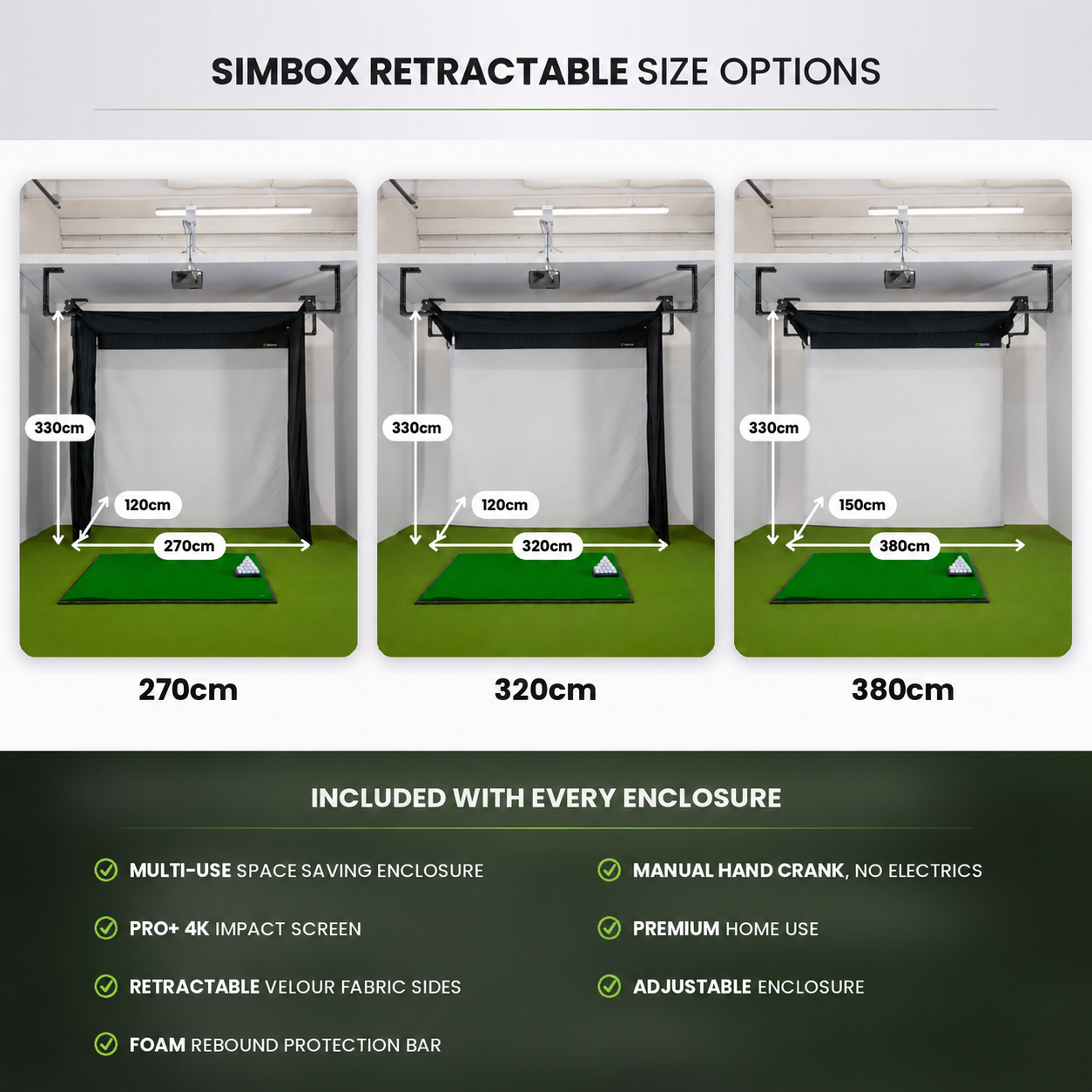 Golfbays Retractable Simbox Golf Simulator Enclosure - W 3.2m x H 3m x D 1.2m